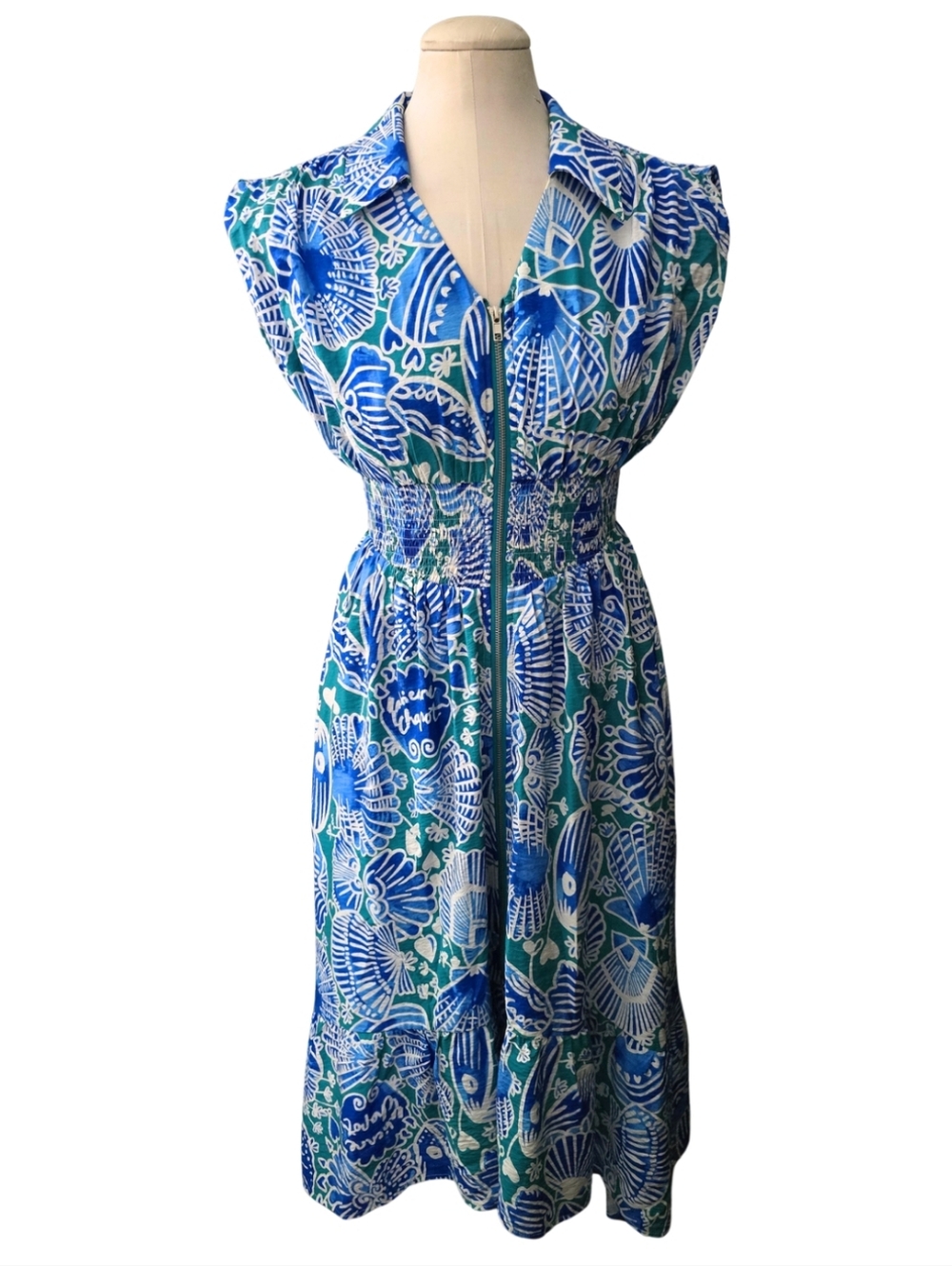 Umgee Blue Seashell Print Dress Coastal Beach Smocked Waist Zip Front Small Midi